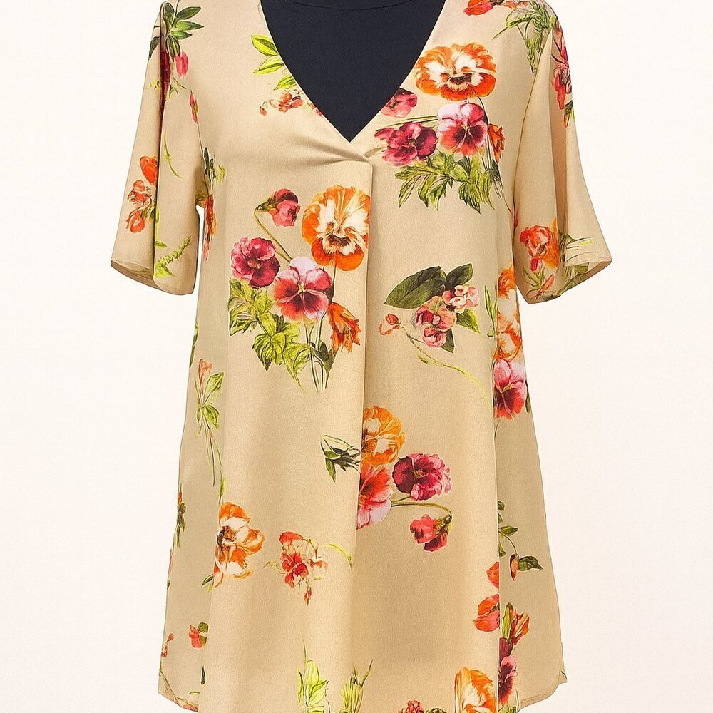 Soho Jeans Boho Floral V-Neck Blouse Cream Pink Orange XL